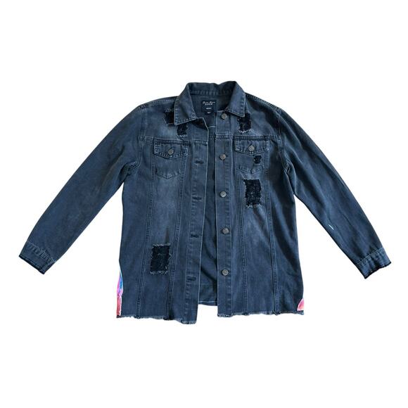 MILEY CYRUS Bangerz Y2K Upcycled Retro Black Distressed Denim Jacket Size M - Picture 5 of 14